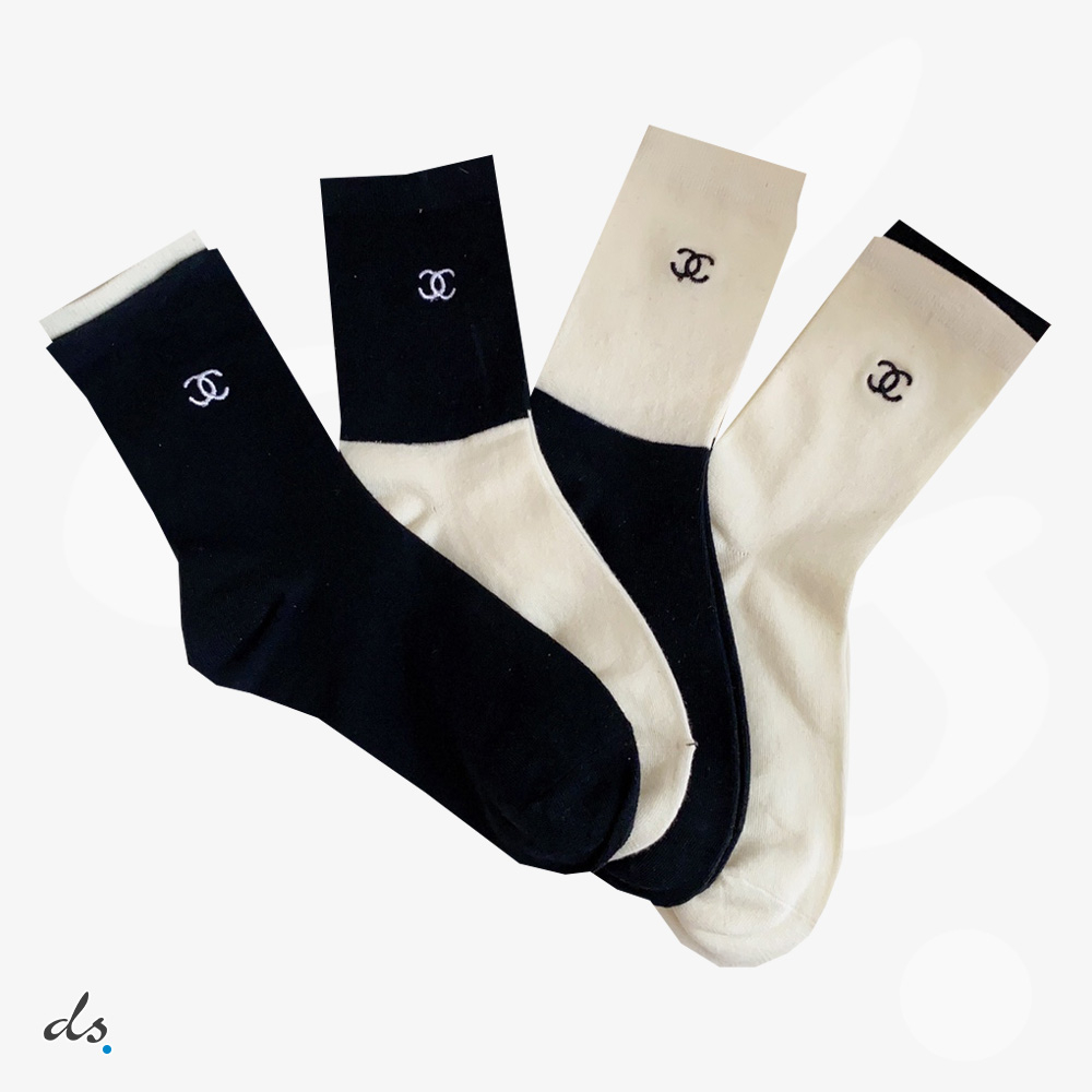 CHANEL ONE BOX AND FIVE PAIRS HIGH LENGTH SOCKS BLACK AND WHITE (1)