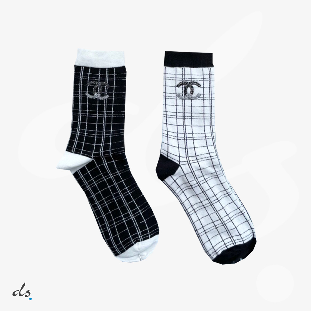 CHANEL ONE BOX AND TWO PAIRS HIGH SOCKS BLACK AND WHITE (1)