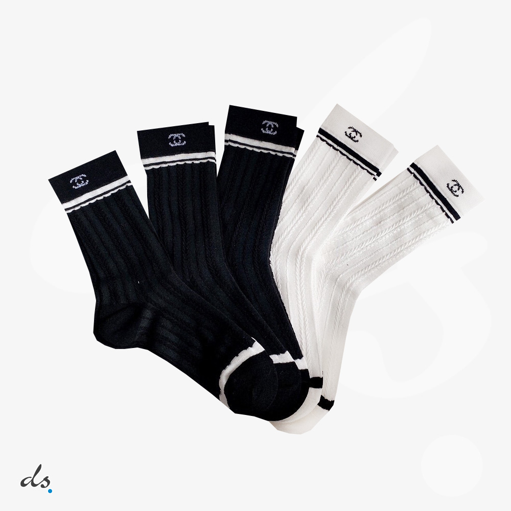 amizing offer CHANEL ONE BOX AND FIVE PAIRS HIGH LENGTH SOCKS BLACK AND WHITE