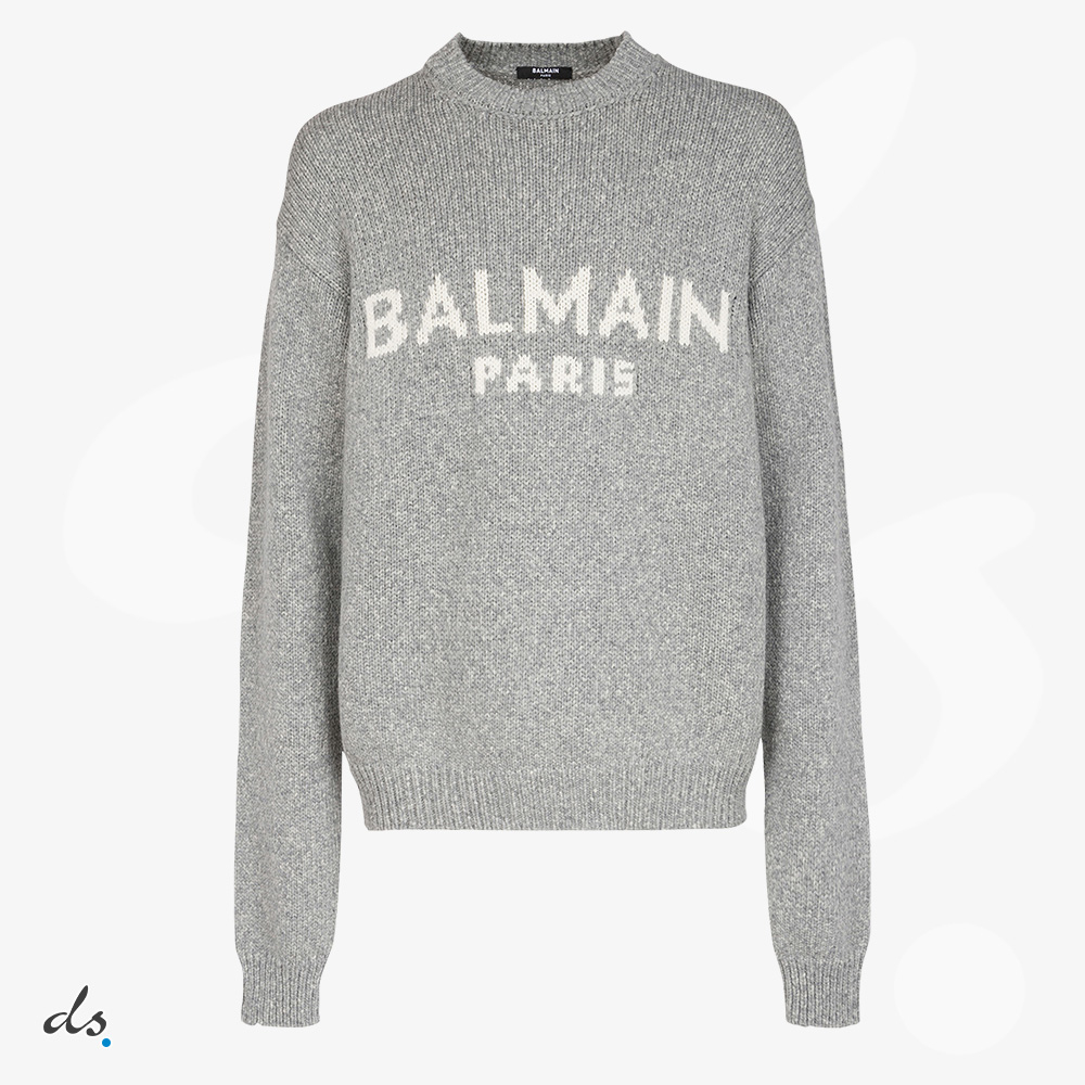balmain Wool sweater with Balmain Paris logo Grey (1)