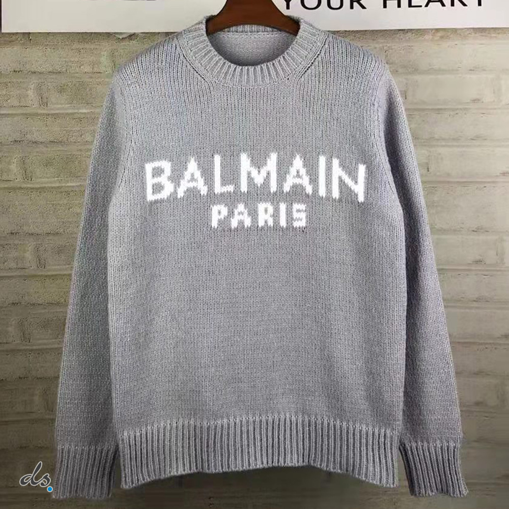 balmain Wool sweater with Balmain Paris logo Grey (2)