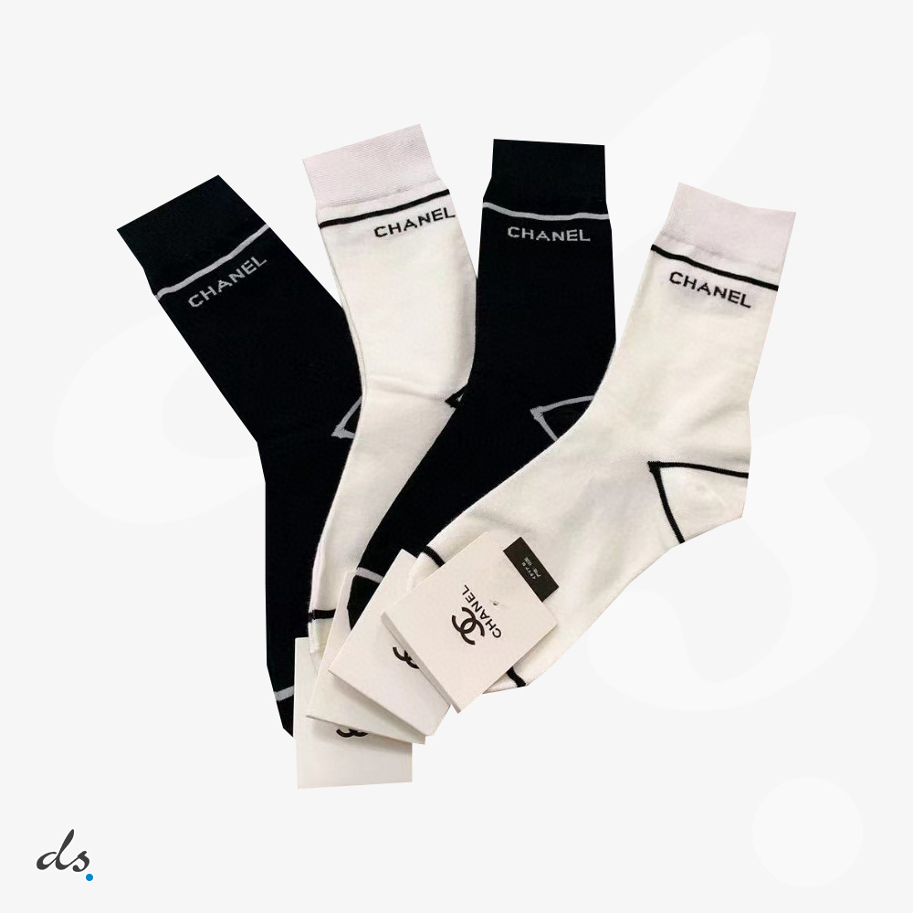 amizing offer CHANEL ONE BOX AND FOUR PAIRS CLASSIC MID LENGTH SOCKS WHITE AND BLACK